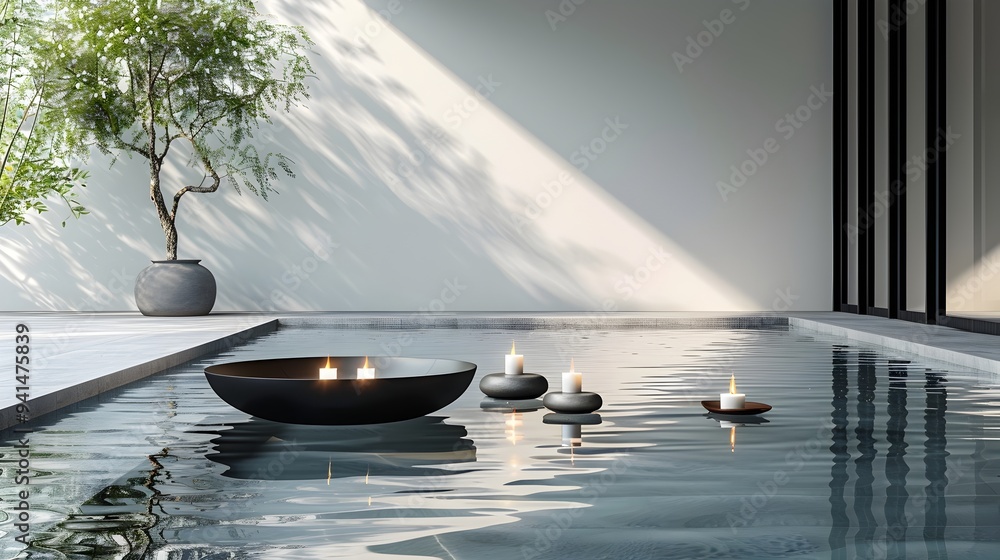 Poster elegant minimalist pool display with floating candles for luxury product showcase