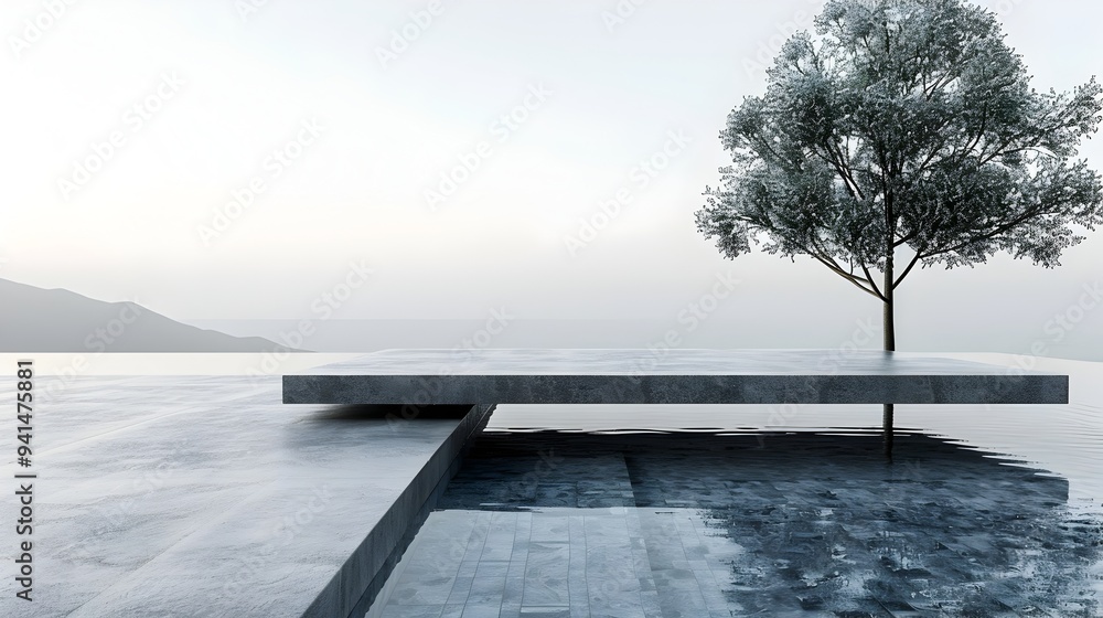 Poster sleek concrete table beside geometric lap pool on white for high end product display