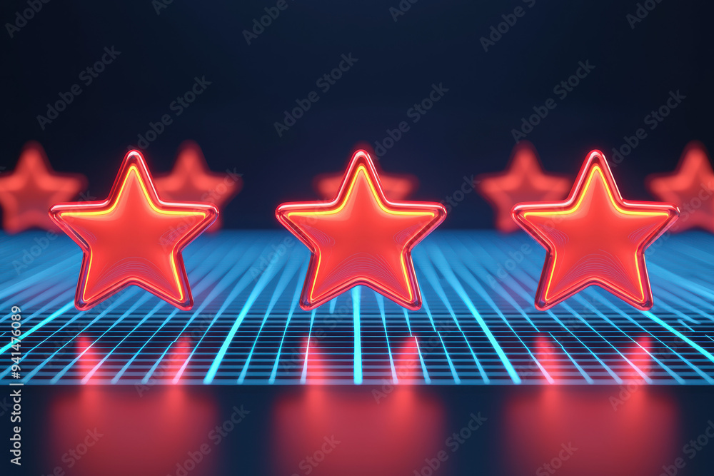 Poster vibrant neon red stars on a futuristic grid background, creating a dynamic and eye-catching visual r