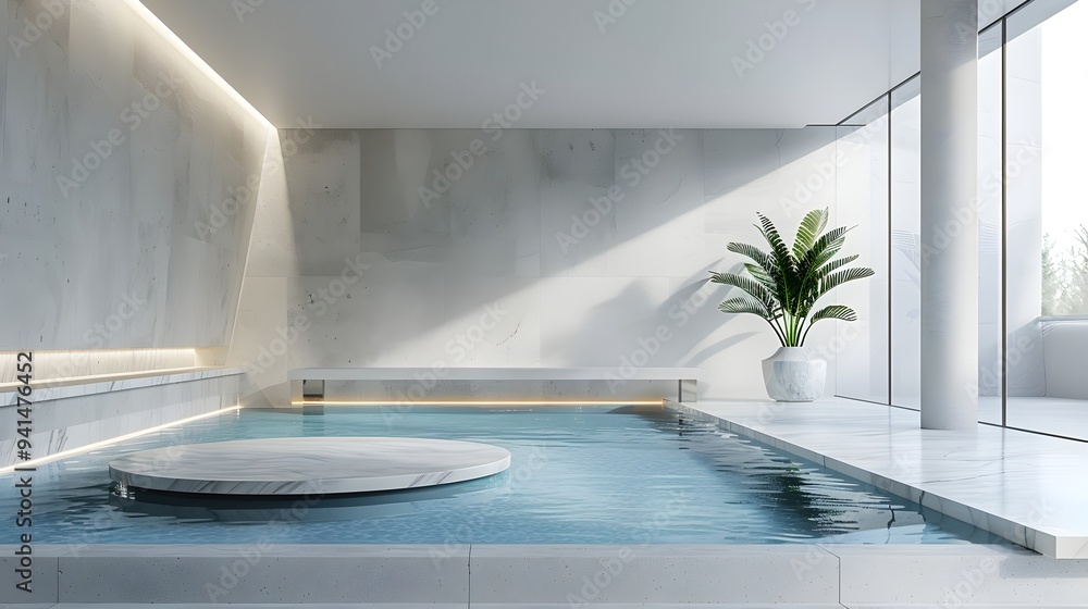 Poster sleek modern indoor pool with stylish table for high end product display
