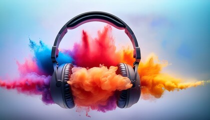 headphones on a cloud of colorful background, power color expulsion 