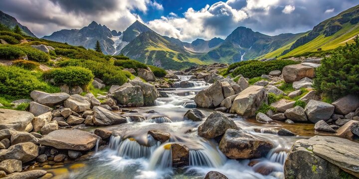 Rocky stream of Kezmarska Biela voda in the Tatra mountain, rocky stream, refreshing, rocks, clear, greenery, Kezmarska Biela voda, nature, serene., European, natural beauty