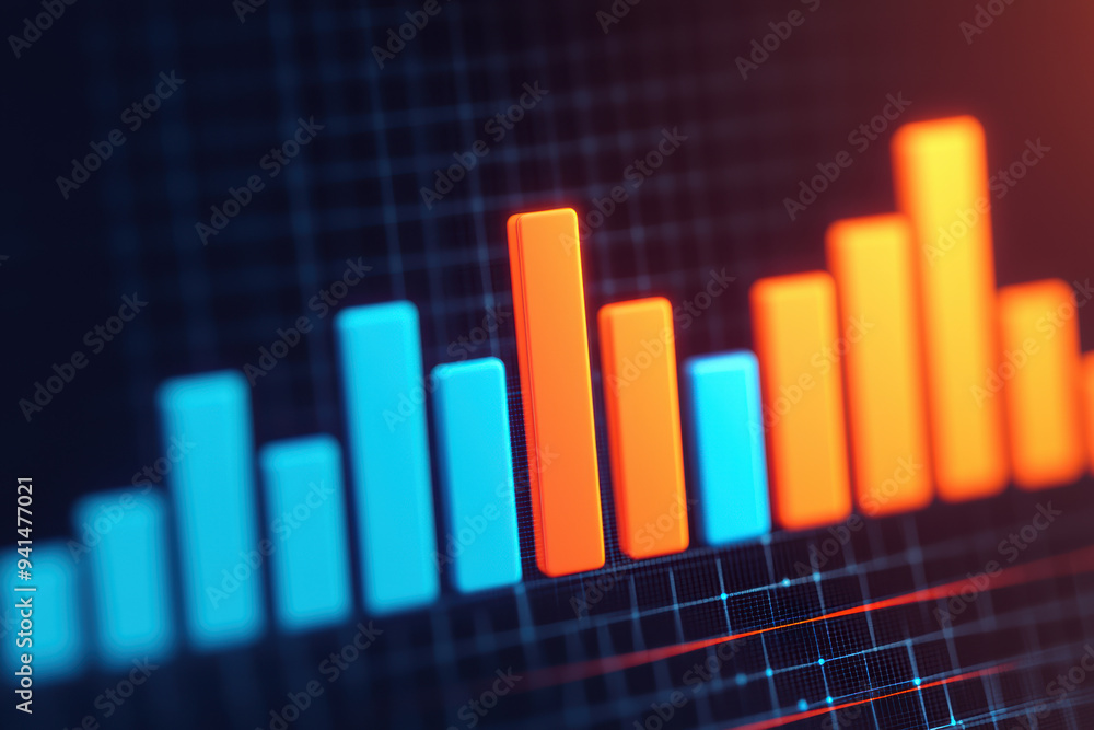 Poster colorful bar chart on a dark background representing data analysis, statistics, and business growth 