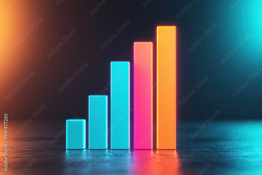 Poster colorful bar graph representing data growth, analytics, and statistics. bright neon colors on a dark