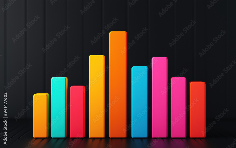 Poster vibrant bar chart with colorful bars on a dark background representing data visualization, analytics