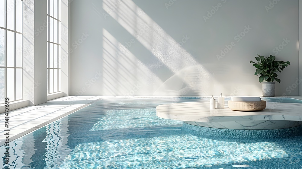 Poster elegant marble table set by serene indoor pool with soft lighting for product display
