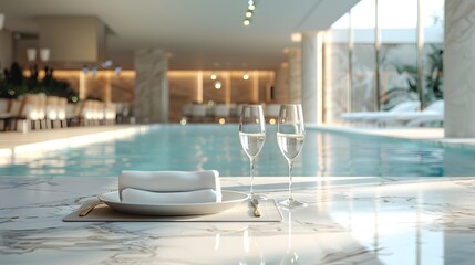 Elegant Marble Table Display by Serene Indoor Pool with Soft Lighting