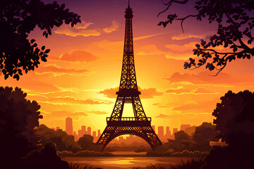 eiffel tower at sunset in paris, vector