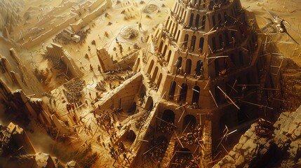 A compact depiction of the Tower of Babel, with people working together to build the tower that stretches toward the heavens, surrounded by scattered bricks and tools