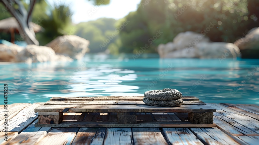 Aufkleber rustic pallet table by poolside with old fashioned charm for handmade product displays on white back