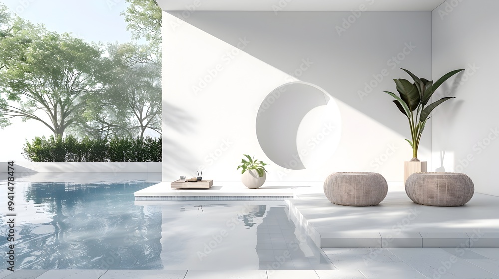 Poster chic minimal table setting by tranquil pool in modern villa backdrop