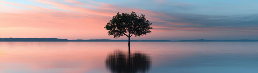 Solitary tree reflecting in calm lake at sunset with colorful sky, showcasing serene, peaceful, and tranquil natural beauty.