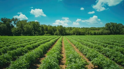 A carrot field in full bloom under a clear blue sky, with rows of lush green foliage. The wide shot captures the expanse of the farm and the beauty of nature.