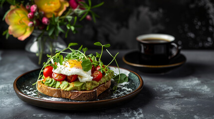 a perfectly ripe avocado toast, topped with a poached egg, cherry tomatoes, and microgreens, served on a ceramic plate with a cup of black coffee and a small vase of flowers in the background