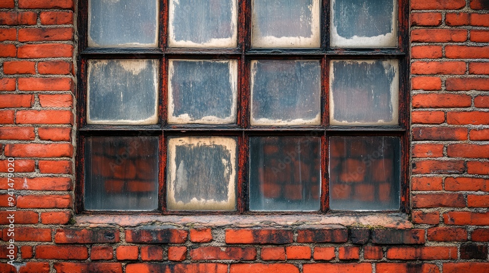 Poster a close-up of a red brick wall with windows, capturing the texture of the bricks and the reflections
