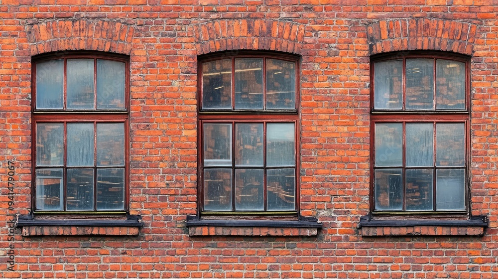 Poster a close-up of a red brick wall with windows, capturing the texture of the bricks and the reflections