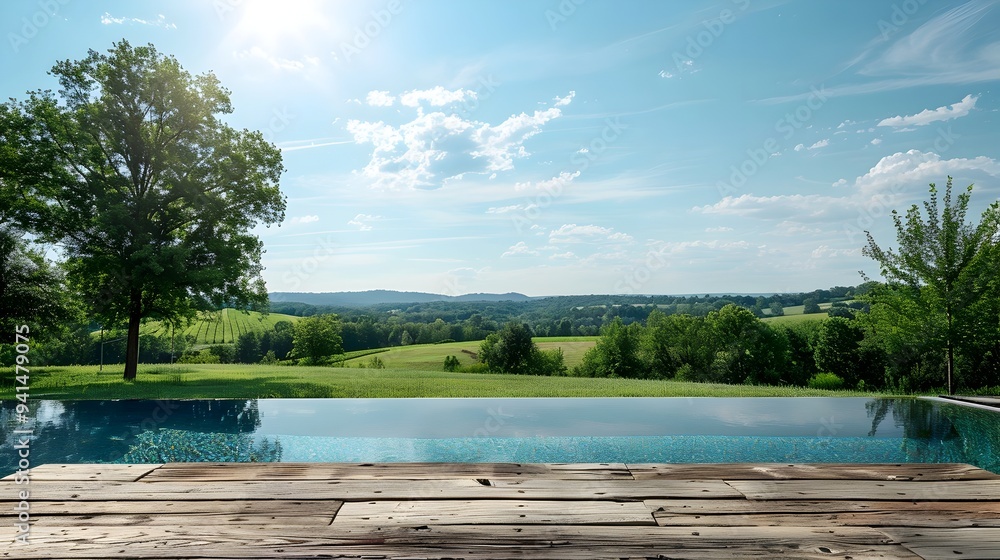 Poster rustic barnwood table beside country pool with rolling fields for farm to table product displays