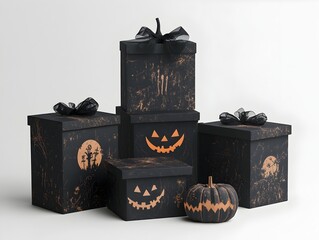 Haunting Halloween Gift Boxes with Gothic Designs and Eerie Motifs on Minimal White Background