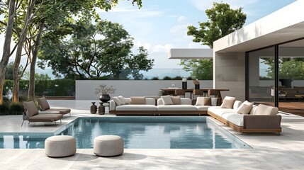 Fototapeta premium Stylish Outdoor Lounge Table by Chic Pool for Lifestyle Product Displays