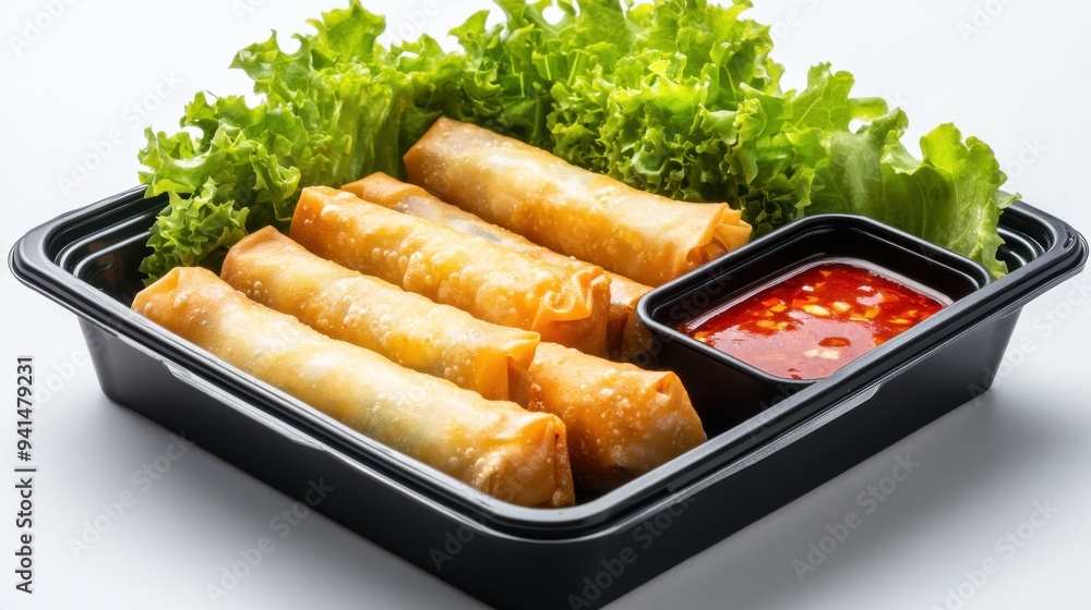 Wall mural Fried spring rolls with vegetables and sauce in plastic box on white background