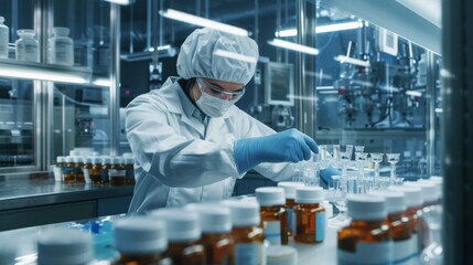 A scientist in protective gear is closely observing and handling samples in a hightech laboratory. The lab is wellequipped with bottles and scientific instruments for precise research and testing