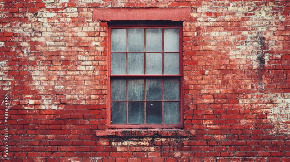 Poster a close-up shot of a red brick wall with a single large window, perfect for a minimalist urban backg