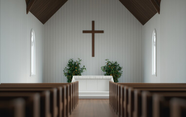 Interior of a serene, minimalist church with wooden pews, white walls, and a simple wooden cross above the altar.