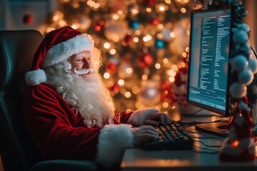 Satisfied smiling Santa Claus is working at the computer, distributing Christmas presents