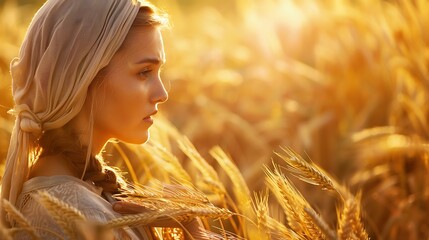 A close-up of Ruth gleaning in the fields of Boaz, with stalks of grain in her hand and a soft, golden light illuminating the scene