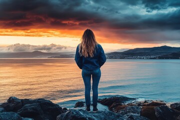 Fototapeta premium A woman stands on rocky shore, absorbed in the mesmerizing hues of a sunset over the ocean, representing introspection, peace, and the majestic beauty of twilight.