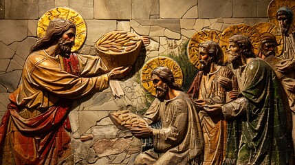 Naklejka premium A compact depiction of the miracle of the loaves and fishes, showing Jesus blessing the small amount of food as it miraculously multiplies to feed the multitude