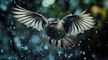 Fototapeta premium Close up of a flying bird with its wings spread against a snowy icy backdrop