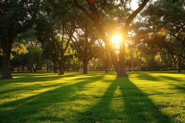 Obraz premium A sunny day scene with sunlight filtering through tree branches in a park