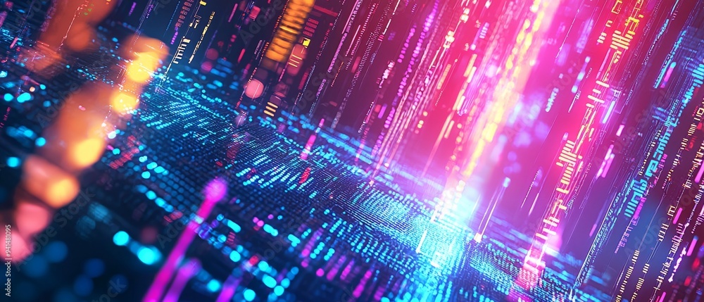 Poster abstract technology background with neon lights and digital data