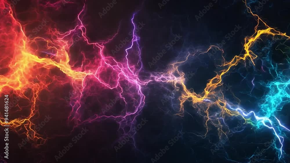 Poster bright lightning bolts in various colors burst against a dark backdrop, creating a dynamic and elect