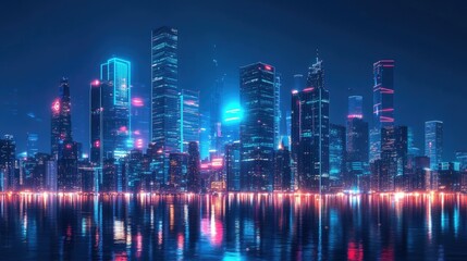 A futuristic urban skyline at night, with towering, sleek skyscrapers and vibrant city lights. Ideal for premium backgrounds for the latest tech innovations.