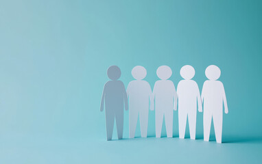 Five paper cutout figures in a row, symbolizing unity, teamwork, and equality. Minimalist design with gradient blue background.