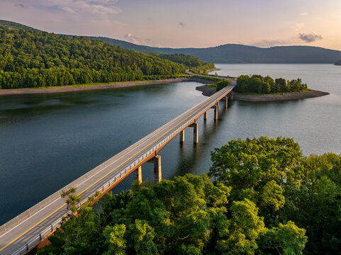 Summer aerial photo of the Route 10 bridge over the Cannonsville Reservoir, Delaware County, NY, NYC DEP water supply