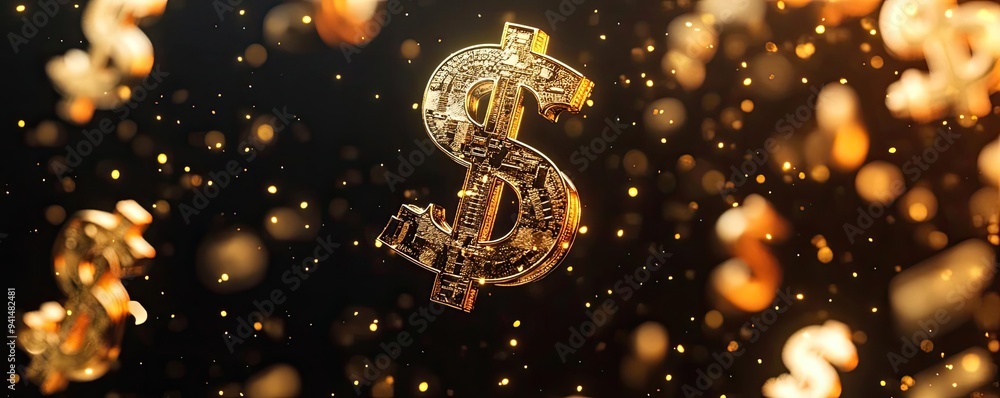 Poster a sparkling dollar symbol floating in a sea of golden particles, representing wealth and prosperity 