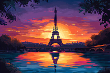 eiffel tower at sunset in paris, vector