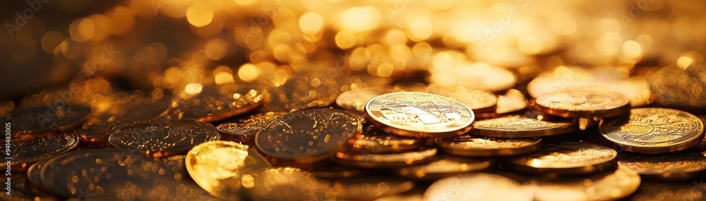 Poster close-up view of shining gold coins scattered on a surface, creating a dazzling and rich visual effe