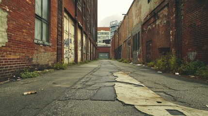 Obraz premium A grunge urban street with an empty warehouse, exposed brick walls, and cracked pavement, evoking a sense of abandonment and decay.