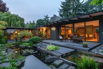 Obraz premium Front porch with wood deck and view of backyard garden, grey modern home with oversized sliding door, small pond, and wooden chairs in Seattle.