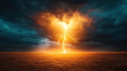 Stunning lightning striking through dark clouds, illuminating the sky with orange hues over a calm sea. A captivating nature scene.