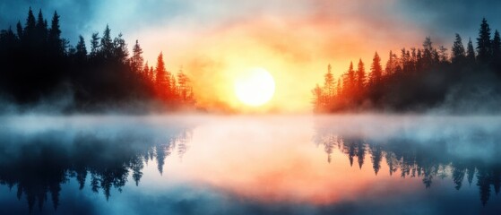 Serene sunrise over a misty lake, framed by silhouettes of tall trees reflecting vibrant colors in calm water.