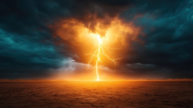 Stunning lightning striking through dark clouds, illuminating the sky with orange hues over a calm sea. A captivating nature scene.