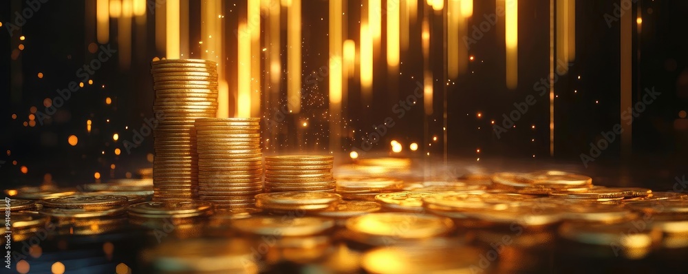 Poster stunning visual of gold coins stacked on a reflective surface with golden light creating an atmosphe