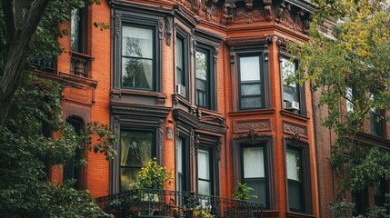 Fototapeta premium A historic red brick building with ornate windows, showcasing the architectural details and charm of an old city neighborhood.