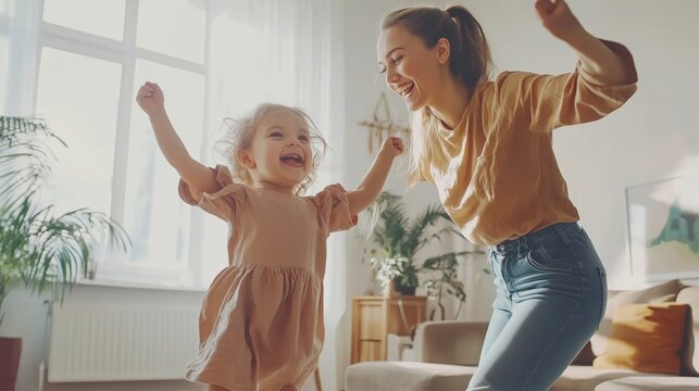 A joyful mother and daughter dancing together in a bright living room filled with plants and natural light during a sunny day at home