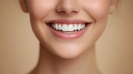 Obraz premium Closeup of woman smiling to camera, showing white smile of after teeth alignment procedure, beige background